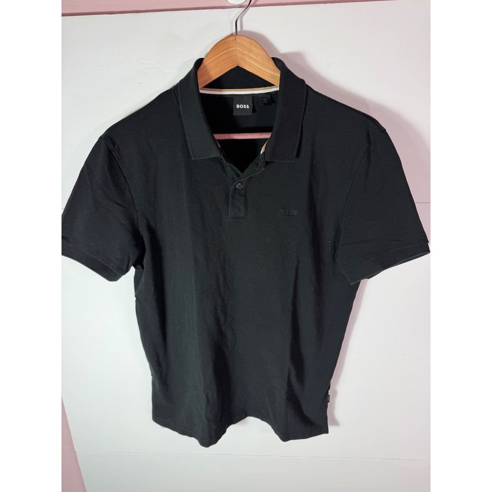 Hugo Boss Mens Black Pique Polo Shirt Short Sleeve Size L Logo Made in Peru
